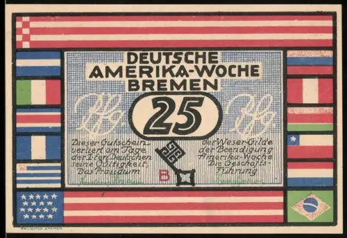 Notgeld Bremen 1923, 25 Pfennig, Deutsche Amerika-Woche, Santiago de Chile