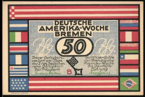 Notgeld Bremen 1923, 50 Pfennig, Deutsche Amerika-Woche mit Rio de Janeiro-Motiv und Flaggenornamentik