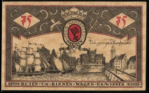 Notgeld Bremen 1921, 75 Pfennig, Segelschiffe und Ortsansicht mit Wappen