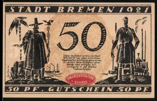 Notgeld Bremen 1921, 50 Pf, zwei Figuren und Ortsansicht von Bremen