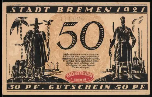 Notgeld Bremen 1921, 50 Pf, Stadtsilhouette und Figuren