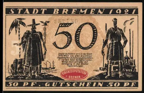 Notgeld Bremen 1921, 50 Pf, Stadtansicht und Figuren