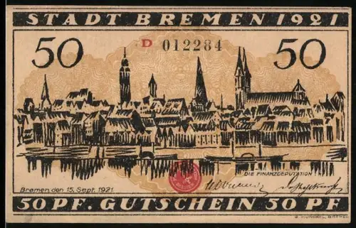 Notgeld Bremen 1921, 50 Pf, Ortsansicht und Arbeiter
