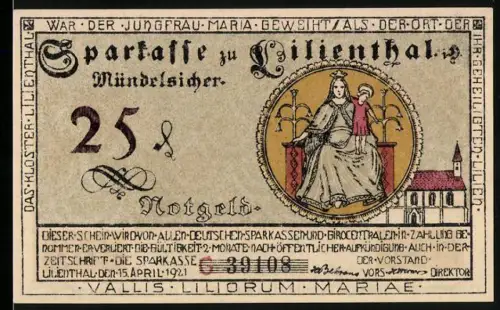 Notgeld Lilienthal i. Gr. 1921, 25 Pfennig, Madonna mit Kind und Landschaft
