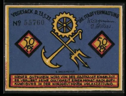 Notgeld Vegesack 1921, 50 Pfennig, Zahnrad und Anker, Seemann vor Werft und Schiffen