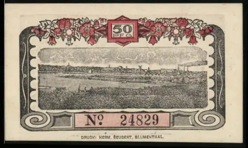 Notgeld Blumenthal /Hann. 1920, 50 Pfennig, Blumenmuster und Rathausansicht
