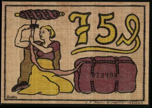 Notgeld Blumenthal i. H. 1921, 75 Pfennig, Frau mit Spindel und Arbeiter