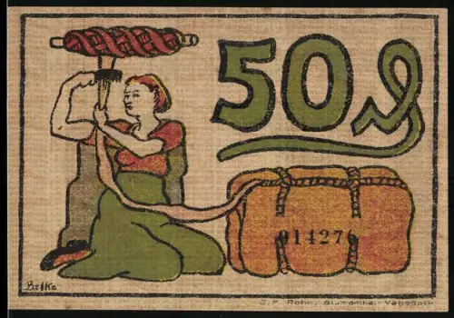Notgeld Blumenthal 1921, 50 Pfennig, Frau mit Garnspule und Arbeiter vor Kränen