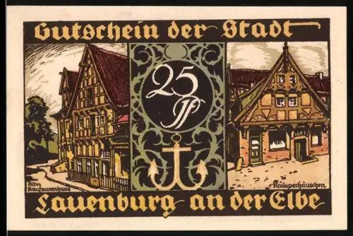 Notgeld Lauenburg a.d. Elbe 1921, 25 Pf, historische Gebäude und Schützen mit Zielscheiben