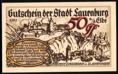 Notgeld Lauenburg a. Elbe 1921, 50 Pf, Burg und Ortsansicht mit Elbe