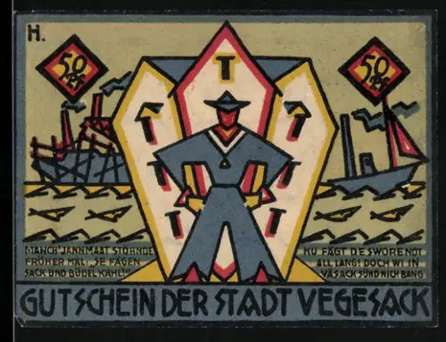 Notgeld Vegesack 1921, 50 Pfennig, maritime Figur mit Schiffen und Werkzeuge im Zahnrad
