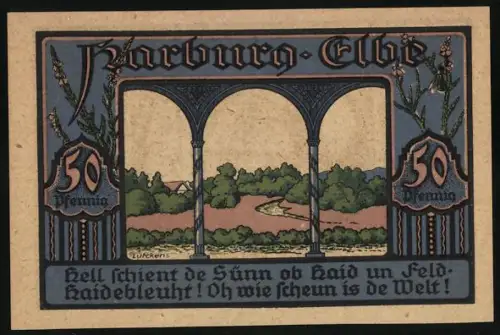 Notgeld Harburg /Elbe 1921, 50 Pfennig, Landschaft mit Arkaden und Gebäudeansicht