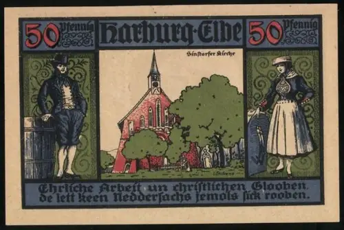 Notgeld Harburg /Elbe 1921, 50 Pfennig, Kirche und traditionelle Figuren, Gebäudeansicht der Kreissparkasse