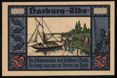 Notgeld Harburg /Elbe 1921, 50 Pfennig, Fischerboot und Hausansicht, Wappen