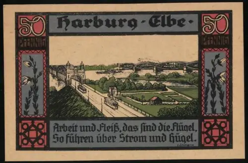 Notgeld Harburg /Elbe 1921, 50 Pfennig, Strassenbahn und Brücke über die Elbe, Gebäude der Kreissparkasse