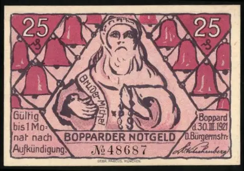 Notgeld Boppard 1921, 25 Pfennig, Statue und Glockenmotiven mit Spruch und Bergmann