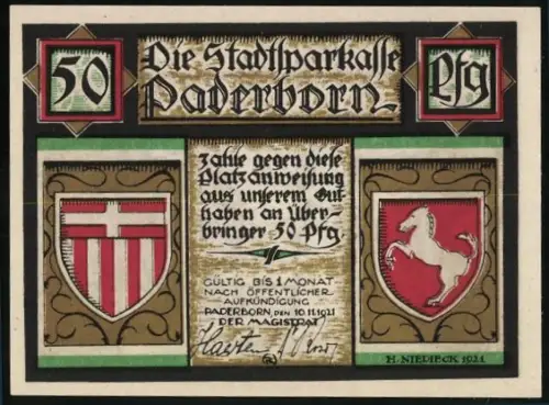 Notgeld Paderborn 1921, 50 Pfennig, Empfang Papst Leo III. durch Kaiser Karl d. Gr. in Paderborn 799, Wappen