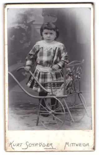 Fotografie Kurt Schröder, Mittweida, Rochlitzerstr. 24, Kind in kariertem Kleid mit Puppenwagen