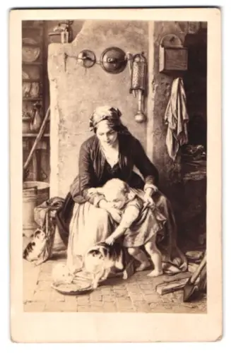 Fotografie unbekannter Fotograf und Ort, Frau mit Kind und Katzen, nach dem Gemälde Die Kätzchen