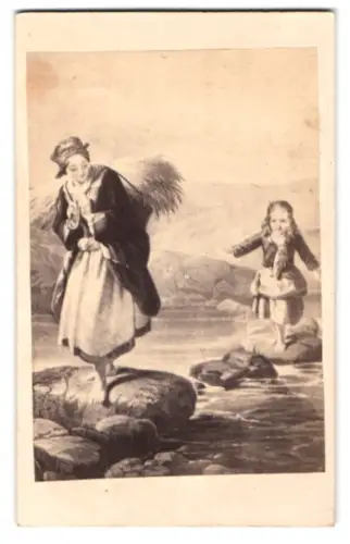 Fotografie unbekannter Fotograf und Ort, Mädchen folgt einer Frau über den Fluss, nach dem Gemälde Komm mit