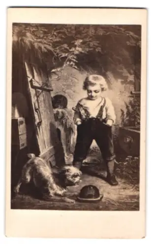 Fotografie unbekannter Fotograf und Ort, Kind mit Katze und Hund bei einer Rattenfalle, nach dem Gemälde Kind mit Hund