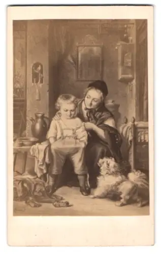 Fotografie unbekannter Fotograf und Ort, Mutter mit Kind und Hund, nach dem Gemälde Die erste Hose