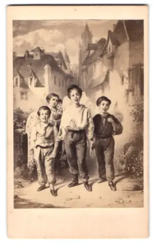 Fotografie unbekannter Fotograf und Ort, Junge Burschen in einer malerischen Gasse, nach dem Gemälde Die Schüler