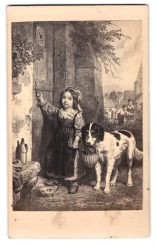 Fotografie unbekannter Fotograf und Ort, Mädchen mit Hund vor einer Tür, nach dem Gemälde Le Retour de l`ecole