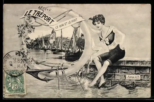 AK Le Tréport, Le Quai et le Port, costume de bain