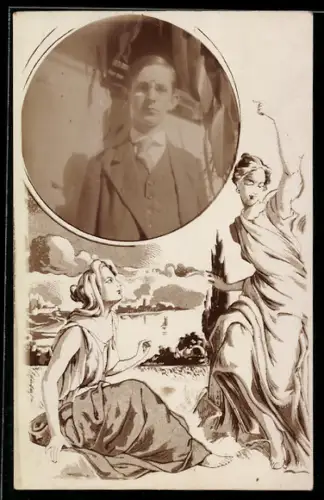 Foto-AK Junger Mann im Sonnenschein, Passepartout, Junge Damen an einem See, Jugendstil