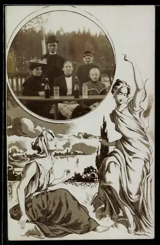 Foto-AK Gruppe mit Mädchen u. Dienstmann beim Umtrunk im Freien, Passepartout, Junge Damen, Jugendstil