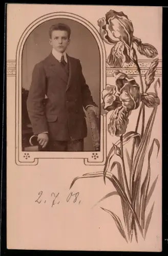 Foto-AK Junger Mann im Zweireiher, Passepartout, Ornamente, Blume, rückseitig Frauenportrait, Jugendstil
