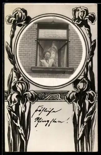 Foto-AK Junge Dame in einem Fenster, Passepartout, Ornamente, Blumen, Jugendstil
