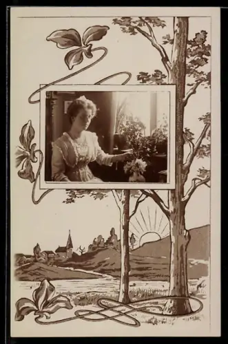 Foto-AK Junge Dame vor einem Fenster, Passepartout, Landschaft mit Kirche u. untergehender Sonne, Jugendstil