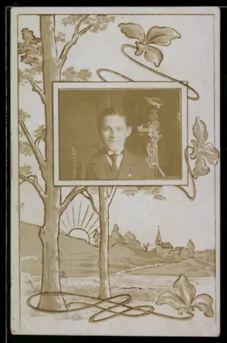 Foto-AK Junger Mann im Anzug, Passepartout, Landschaft mit Kirche u. untergehender Sonne, Jugendstil