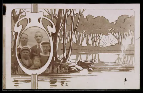 Foto-AK Zwei Herren u. drei Kinder, Ornament-Passepartout, Wasserpartie mit Kahn u. Sonne, Jugendstil