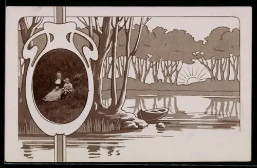 Foto-AK Mutter mit Kleinkind im Grünen, Ornament-Passepartout, Wasserpartie mit Kahn u. Sonne, Jugendstil