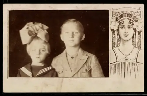 Foto-AK Kinderpaar, Frauenportrait, Passepartout, Ornamente, Jugendstil
