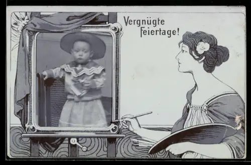 Foto-AK Kleines Kind im Kleid, Staffelei-Passepartout mit Malerin, Ornamente, Jugendstil