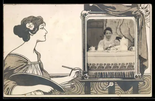 Foto-AK Mutter mit Kleinkind an der Kaffeetafel, Staffelei-Passepartout mit Malerin, Ornamente, Jugendstil