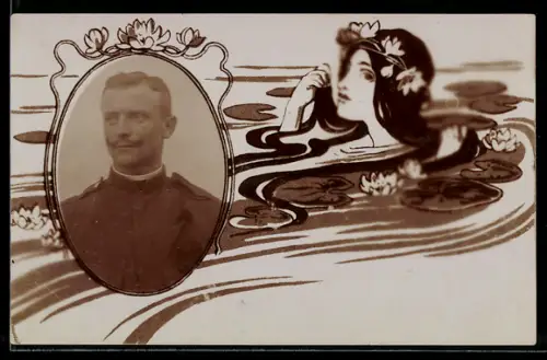 Foto-AK Junger Soldat mit Schnurrbart, Seerosen-Passepartout, Nixe im Wasser, Jugendstil