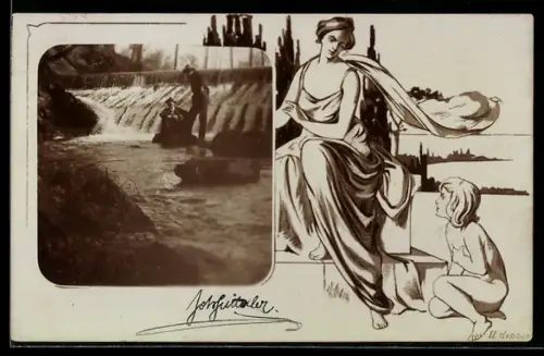 Foto-AK Zwei Herren an einem Wehr, Passepartout, Frauenfigur und Mädchen, Jugendstil