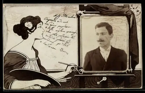 Foto-AK Junger Mann mit Krawatte, Staffelei-Passepartout mit Malerin, Ornamente, Jugendstil