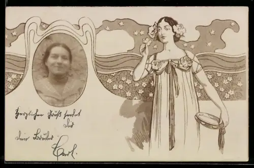 Foto-AK Lächelnde junge Dame, Wellen-Passepartout, Ornamente, Frauenfugur, Jugendstil