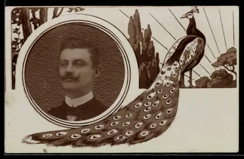 Foto-AK Junger Mann im Vatermörder, Passepartout, Pfau, Bäume, Jugendstil