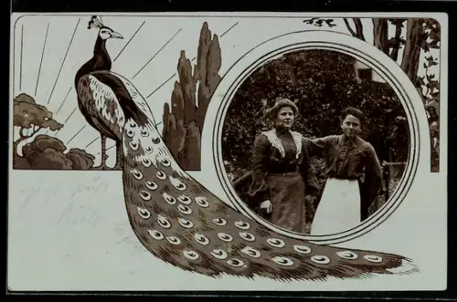 Foto-AK Zwei junge Damen in einem Garten, Passepartout, Pfau, Bäume, Jugendstil