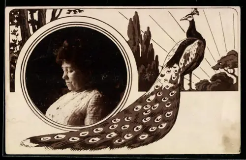 Foto-AK Portrait einer Dame, Passepartout, Pfau, Bäume, Jugendstil