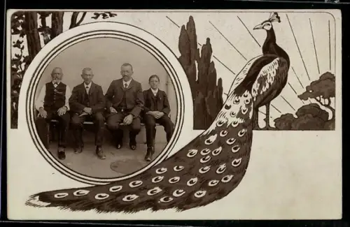 Foto-AK Herrengruppe im Sonntagsstaaat, Passepartout, Pfau, Bäume, Jugendstil