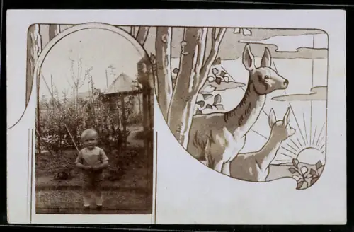 Foto-AK Kleiner Junge vor Gartenpavillon, Passepartout, Rehe bei Sonnenuntergang, Jugendstil