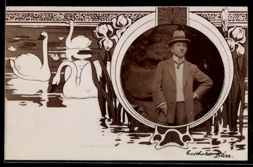 Foto-AK Spaziergänger mit Hut u. Stock, Passepartout, Ornamente, See mit Lilien u. Schwänen, Jugendstil